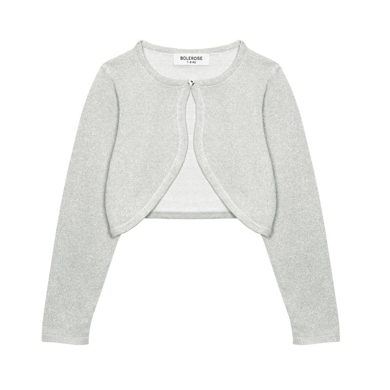 BOLEROSE Girls Long Sleeve Sparkle Cardigan Childrens Kids Bolero Shrug (Silver, 9-10 YRS) - Image 1